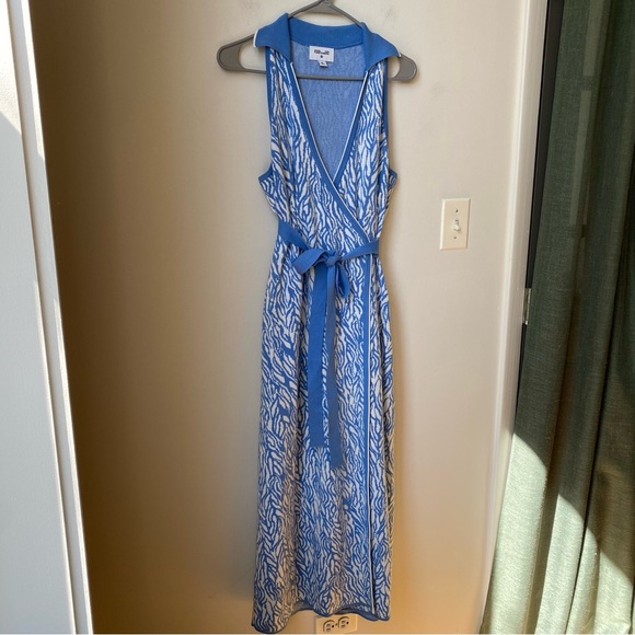 Diane von Furstenberg Collared Midi Wrap Dress | Blue & White | Size M - Picture 2 of 9